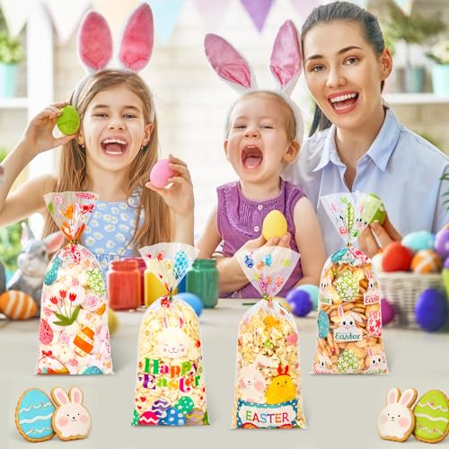 ZYLOP 50 Pcs Easter Cellophane Treat Bags - 5 x 11 Inch Clear Easter Goodie Bags with 60 Gold Ties for Cookies, Snacks, Party Favors & Gift Packaging, 2.8 Mil Thick Plastic Easter Candy Bag for Kids - Image 5