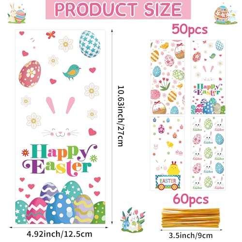 ZYLOP 50 Pcs Easter Cellophane Treat Bags - 5 x 11 Inch Clear Easter Goodie Bags with 60 Gold Ties for Cookies, Snacks, Party Favors & Gift Packaging, 2.8 Mil Thick Plastic Easter Candy Bag for Kids - Image 2