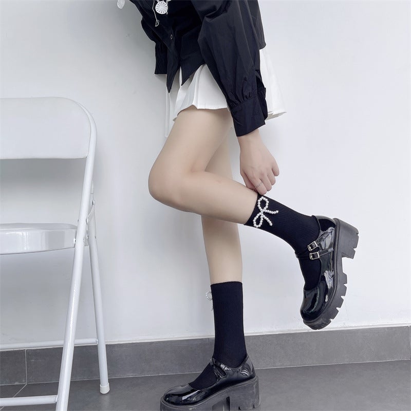 Spring and Autumn ins Dark Style Handmade Side Pearl Bow Mid-length Socks Cotton Calf Stacked Socks for Children - Image 5