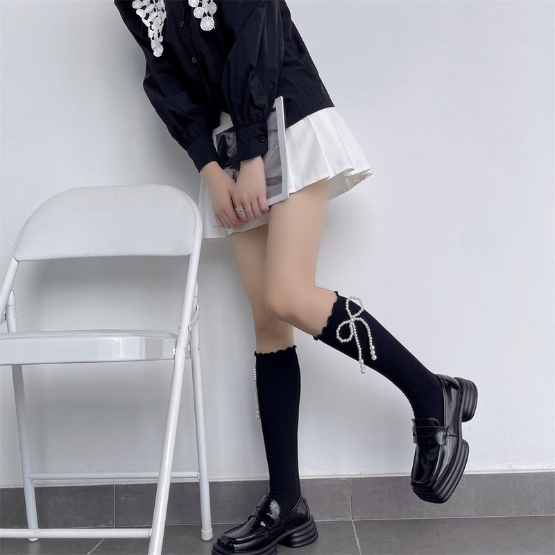 Spring and Autumn ins Dark Style Handmade Side Pearl Bow Mid-length Socks Cotton Calf Stacked Socks for Children - Image 1