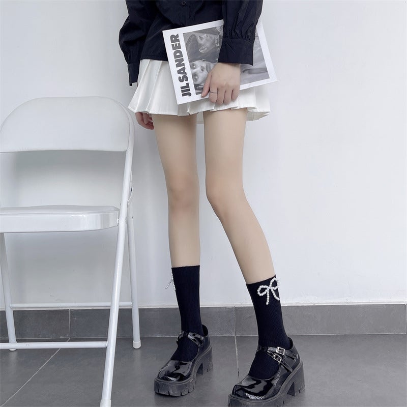 Spring and Autumn ins Dark Style Handmade Side Pearl Bow Mid-length Socks Cotton Calf Stacked Socks for Children - Image 2