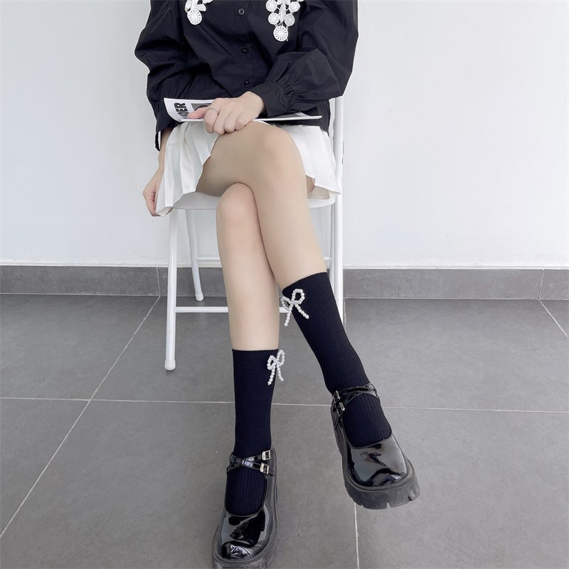 Spring and Autumn ins Dark Style Handmade Side Pearl Bow Mid-length Socks Cotton Calf Stacked Socks for Children - Image 3