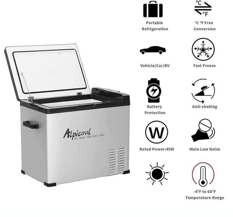 Alpicool ثلاجة ألبكول C50 المحمولة سعة 53 كوارت (50 لتر) 12 فولت فريزر للسيارة، الشاحنة، RV، القارب، ثلاجة صغيرة للسفر، الهواء الطلق، المنزل -12/24 فولت DC و 110-240 فولت AC (أسود وفضي) - Image 2