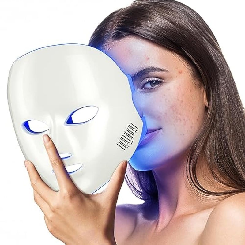 NEWKEY Blue light Therapy Mask for Face Acne, 7 Colors LED Acne Scar Spots Light Therapy Treatment with Silicone Eye Protector for Acne Prone Sensitive Skin and Blemishes Prevention,Plug-in - Image 1