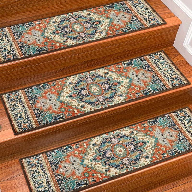KOOTETA Stair Treads for Wooden Steps Indoor, 15 Pack 8" X 30" Non Slip Carpet Stair Treads with Reusable Adhesive for Kids Elders and Dogs, TPR Backing Stair Rugs Oriental Staircase Step Treads,Bohemia - Image 1