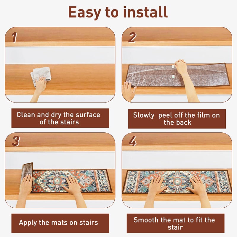 KOOTETA Stair Treads for Wooden Steps Indoor, 15 Pack 8" X 30" Non Slip Carpet Stair Treads with Reusable Adhesive for Kids Elders and Dogs, TPR Backing Stair Rugs Oriental Staircase Step Treads,Bohemia - Image 4