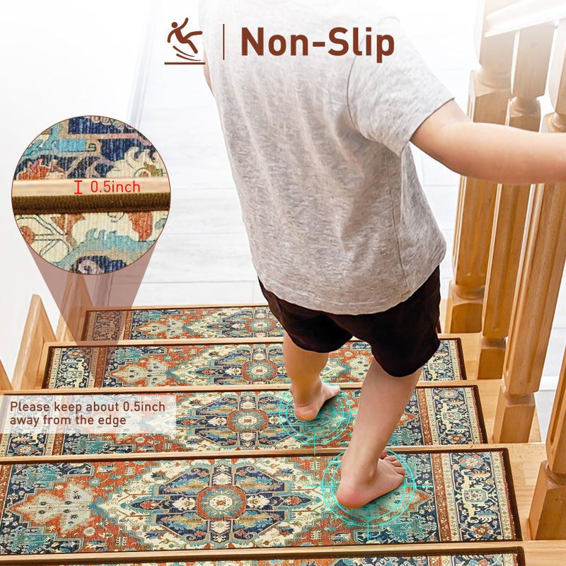 KOOTETA Stair Treads for Wooden Steps Indoor, 15 Pack 8" X 30" Non Slip Carpet Stair Treads with Reusable Adhesive for Kids Elders and Dogs, TPR Backing Stair Rugs Oriental Staircase Step Treads,Bohemia - Image 3