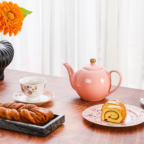 PRECITIME 30oz Pink Porcelain Teapot, Blush Ceramic Teapot with Gold Trim, Romantic Teapot for Loose Leaf Tea, Tea Parties Gifts - Image 5