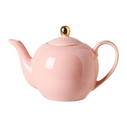PRECITIME 30oz Pink Porcelain Teapot, Blush Ceramic Teapot with Gold Trim, Romantic Teapot for Loose Leaf Tea, Tea Parties Gifts - Image 1