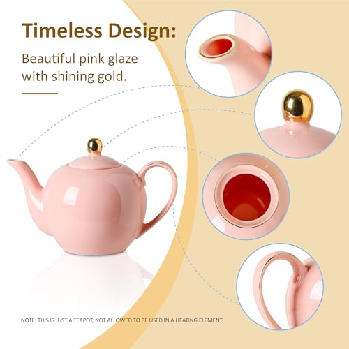 PRECITIME 30oz Pink Porcelain Teapot, Blush Ceramic Teapot with Gold Trim, Romantic Teapot for Loose Leaf Tea, Tea Parties Gifts - Image 3