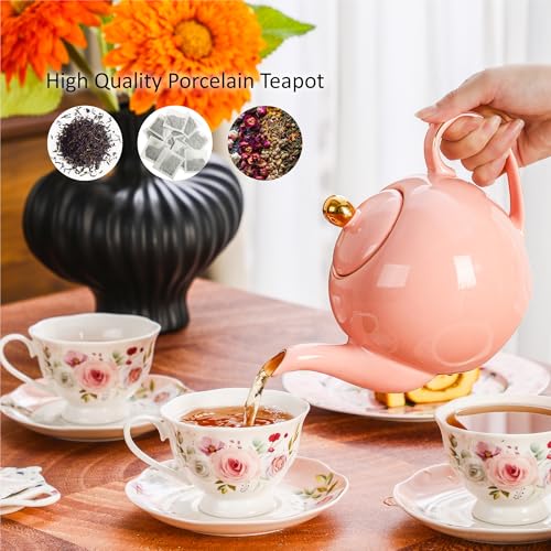 PRECITIME 30oz Pink Porcelain Teapot, Blush Ceramic Teapot with Gold Trim, Romantic Teapot for Loose Leaf Tea, Tea Parties Gifts - Image 4