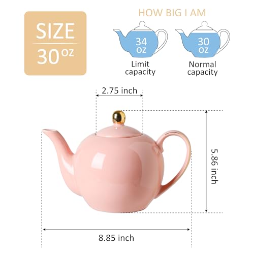PRECITIME 30oz Pink Porcelain Teapot, Blush Ceramic Teapot with Gold Trim, Romantic Teapot for Loose Leaf Tea, Tea Parties Gifts - Image 2