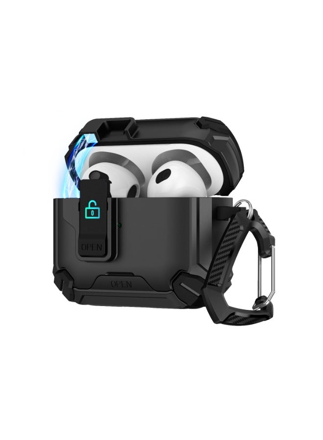 غطاء حافظة متوافق مع AirPods 4 الجيل الرابع، متوافق مع قفل مغناطيسي أوتوماتيكي، منفذ شحن مقاوم للغبار وتصميم حامل مع مجموعة تنظيف لعلبة AirPods 4 (أسود)