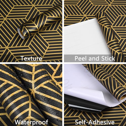 WENMER Black and Gold Geometric Wallpaper, 17.7" x 197" Peel and Stick Removable Wallpaper for Home, Drawer, Shelf, Cabinet, Countertop, Door - Image 4