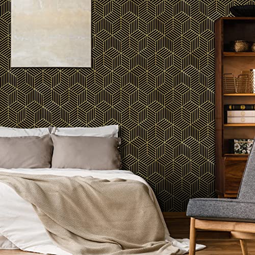 WENMER Black and Gold Geometric Wallpaper, 17.7" x 197" Peel and Stick Removable Wallpaper for Home, Drawer, Shelf, Cabinet, Countertop, Door - Image 3