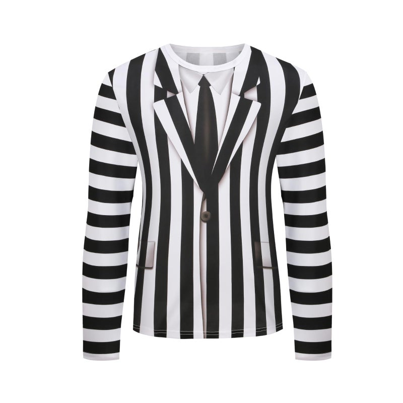 GRATJCIN Mens Beetlejuice Costume Tuxedo Shirt Beetlejuice Tshirt Black and White Striped Suit for Men Beetleguese Costume for Adult XL
