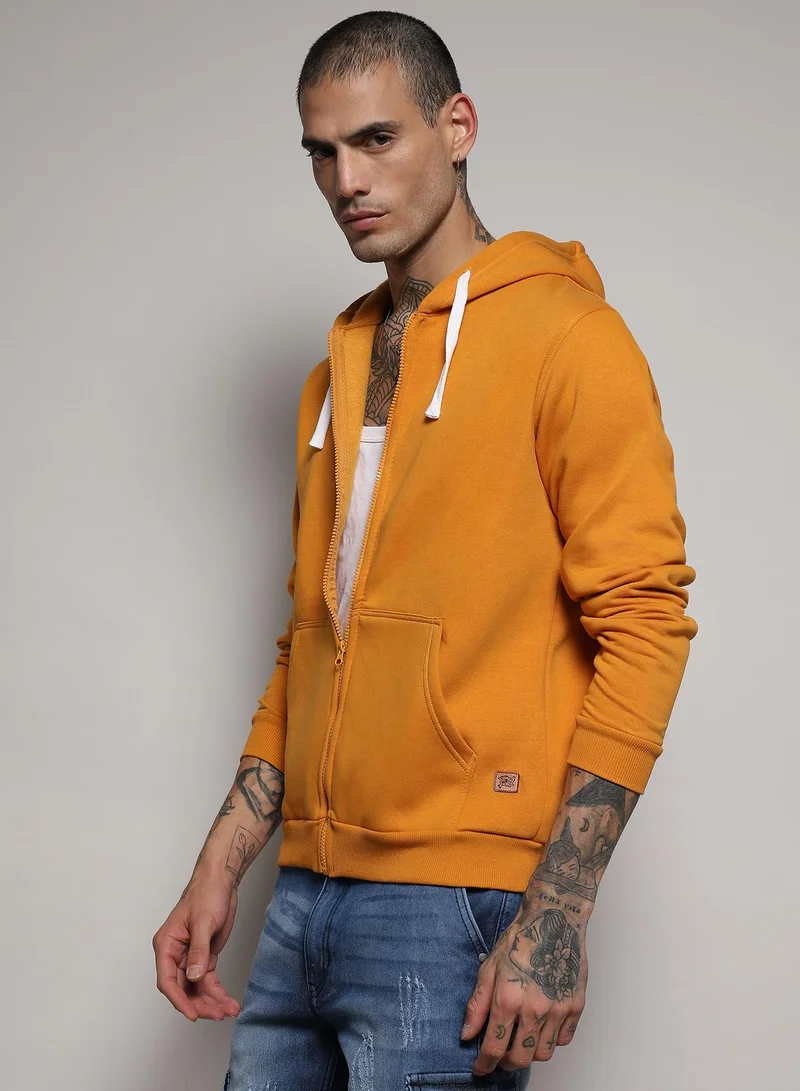 Campus Sutra Men's Mustard Yellow Zip-Front Hoodie With Contrast Drawstring