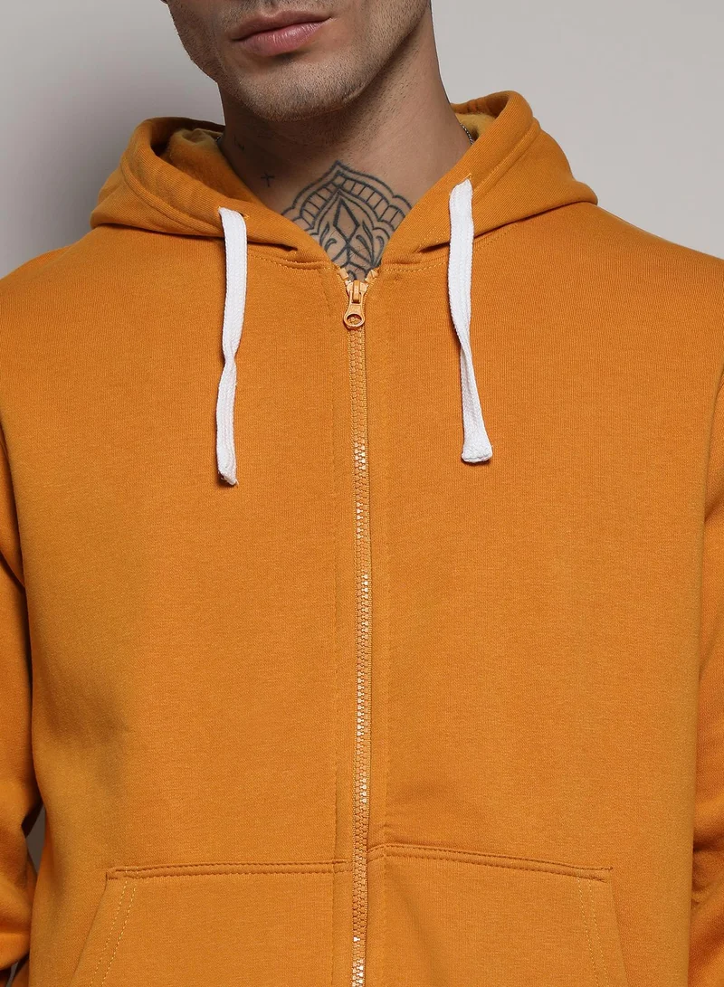 Campus Sutra Men's Mustard Yellow Zip-Front Hoodie With Contrast Drawstring