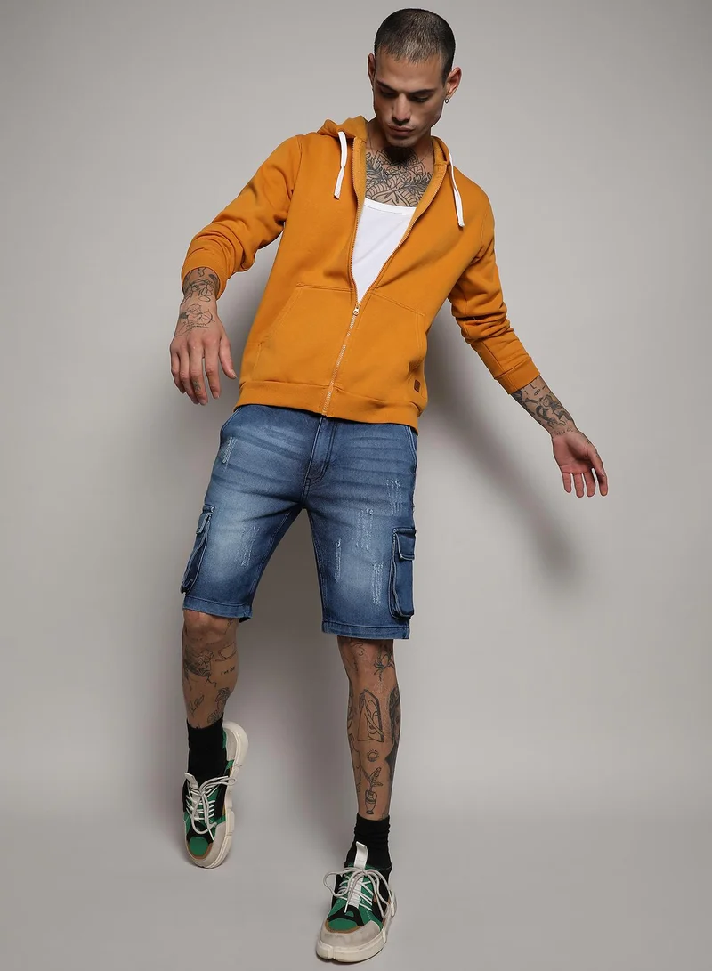Campus Sutra Men's Mustard Yellow Zip-Front Hoodie With Contrast Drawstring