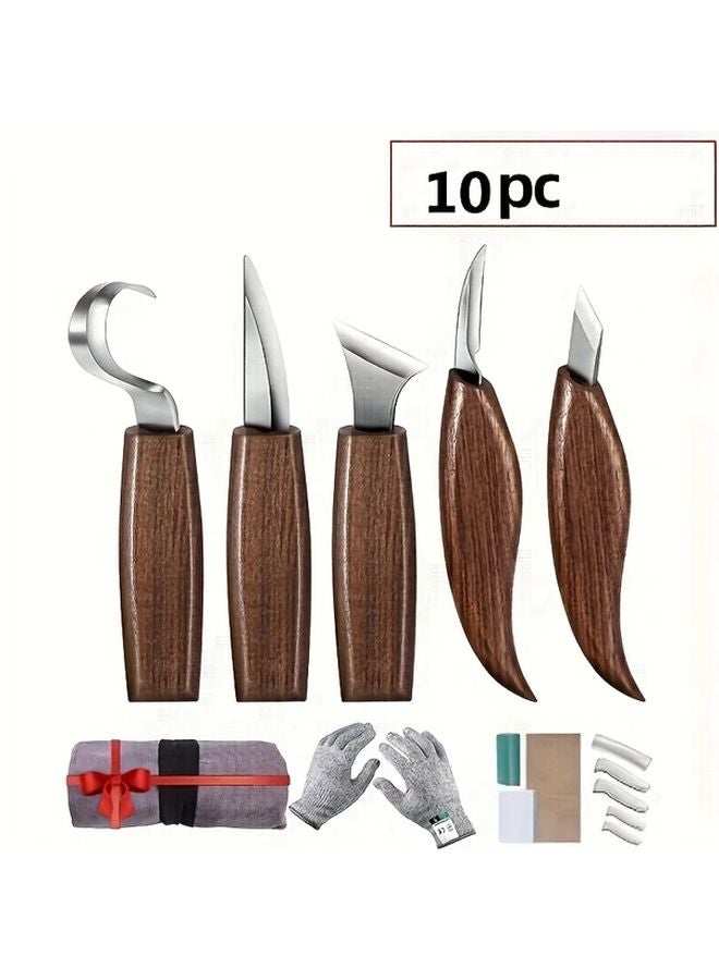 10 Piece Walnut Wood Carving Knife Set Chrome Vanadium Steel Blades Woodworking Tools - Image 1