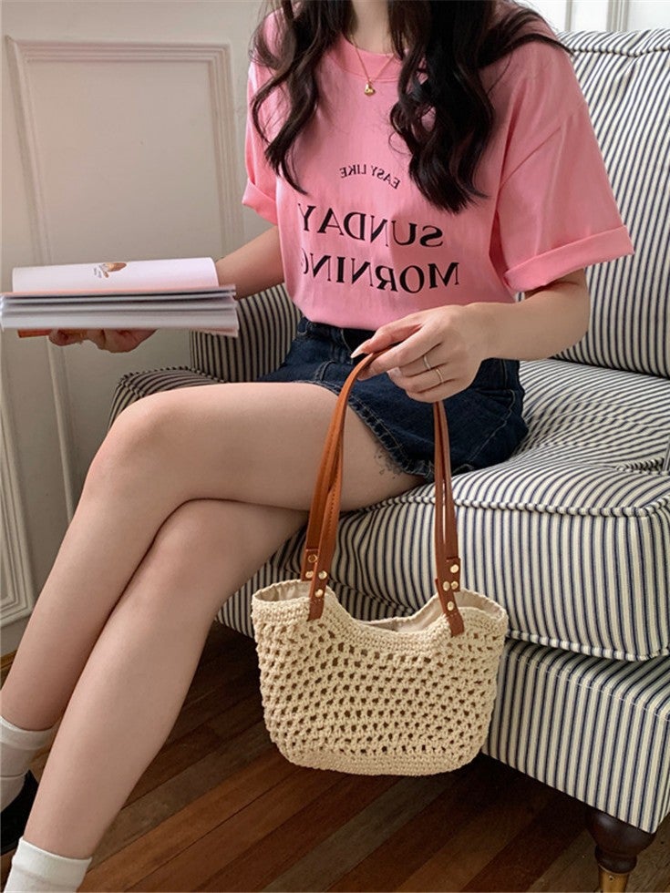Beach Holiday Handmade Straw Woven Women'S Tote Bag Summer Lightweight Mini Shoulder Bag - Image 2