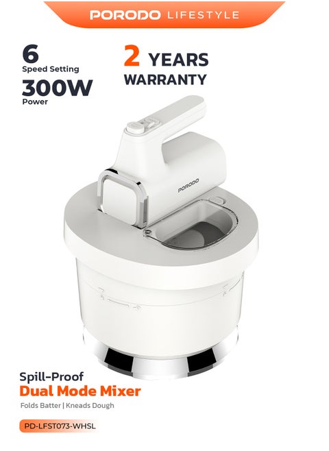 Spill-Proof Dual Mode Mixer with 6 Speed Settings / Makes Meringue / Folds Batter / Kneads Dough / Quick and Simple Cleaning / Handheld and Stand Mixer - White/Silver