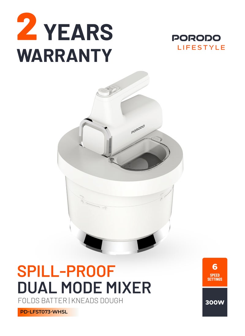 porodo - Spill-Proof Dual Mode Mixer with 6 Speed Settings / Makes Meringue / Folds Batter / Kneads Dough / Quick and Simple Cleaning / Handheld and Stand Mixer - White/Silver - Image 1