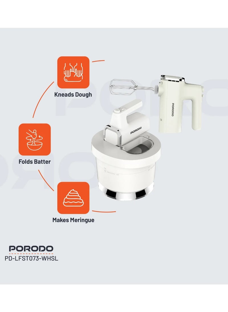 porodo - Spill-Proof Dual Mode Mixer with 6 Speed Settings / Makes Meringue / Folds Batter / Kneads Dough / Quick and Simple Cleaning / Handheld and Stand Mixer - White/Silver - Image 1