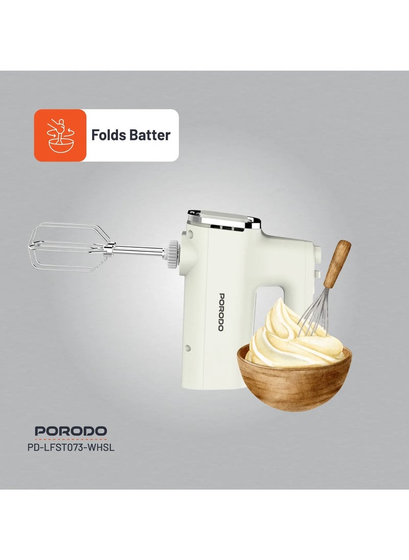 porodo - Spill-Proof Dual Mode Mixer with 6 Speed Settings / Makes Meringue / Folds Batter / Kneads Dough / Quick and Simple Cleaning / Handheld and Stand Mixer - White/Silver - Image 1
