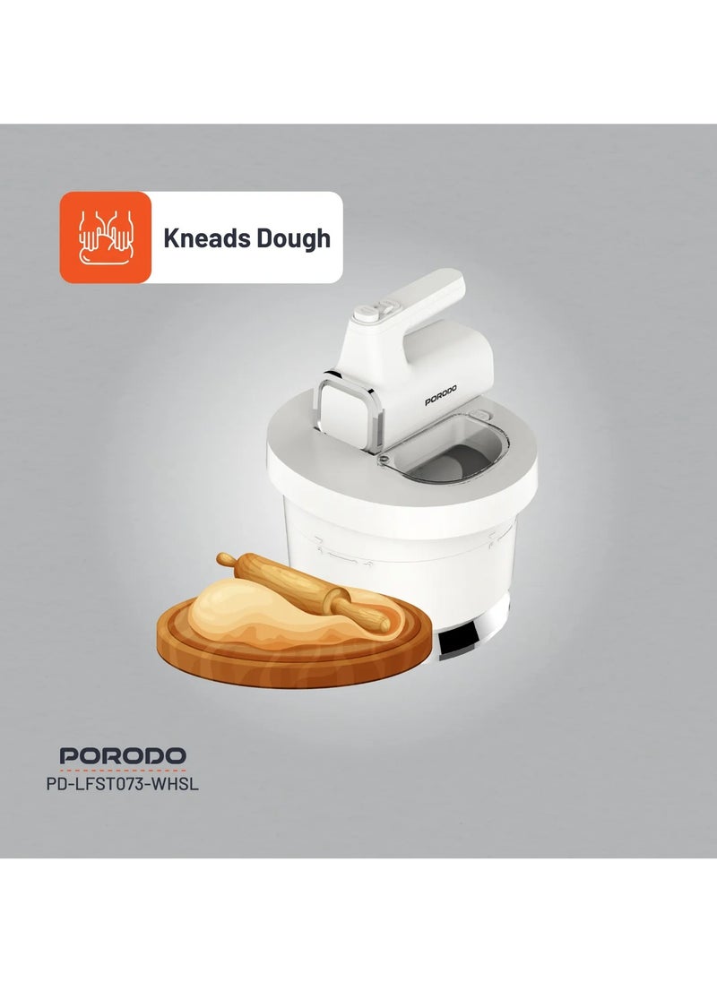 porodo - Spill-Proof Dual Mode Mixer with 6 Speed Settings / Makes Meringue / Folds Batter / Kneads Dough / Quick and Simple Cleaning / Handheld and Stand Mixer - White/Silver - Image 1