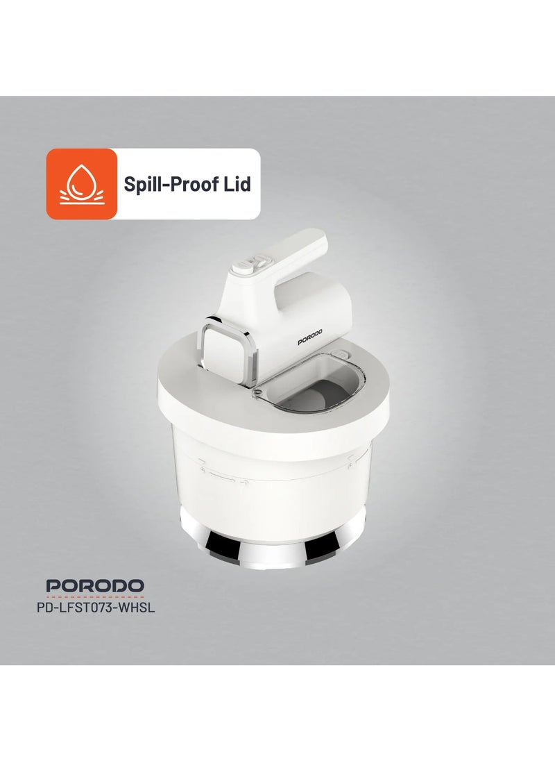 porodo - Spill-Proof Dual Mode Mixer with 6 Speed Settings / Makes Meringue / Folds Batter / Kneads Dough / Quick and Simple Cleaning / Handheld and Stand Mixer - White/Silver - Image 1