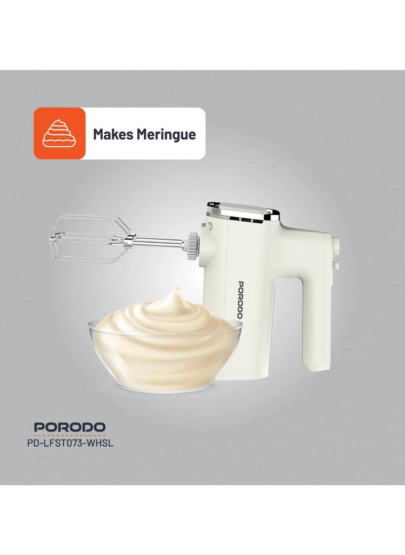 porodo - Spill-Proof Dual Mode Mixer with 6 Speed Settings / Makes Meringue / Folds Batter / Kneads Dough / Quick and Simple Cleaning / Handheld and Stand Mixer - White/Silver - Image 1