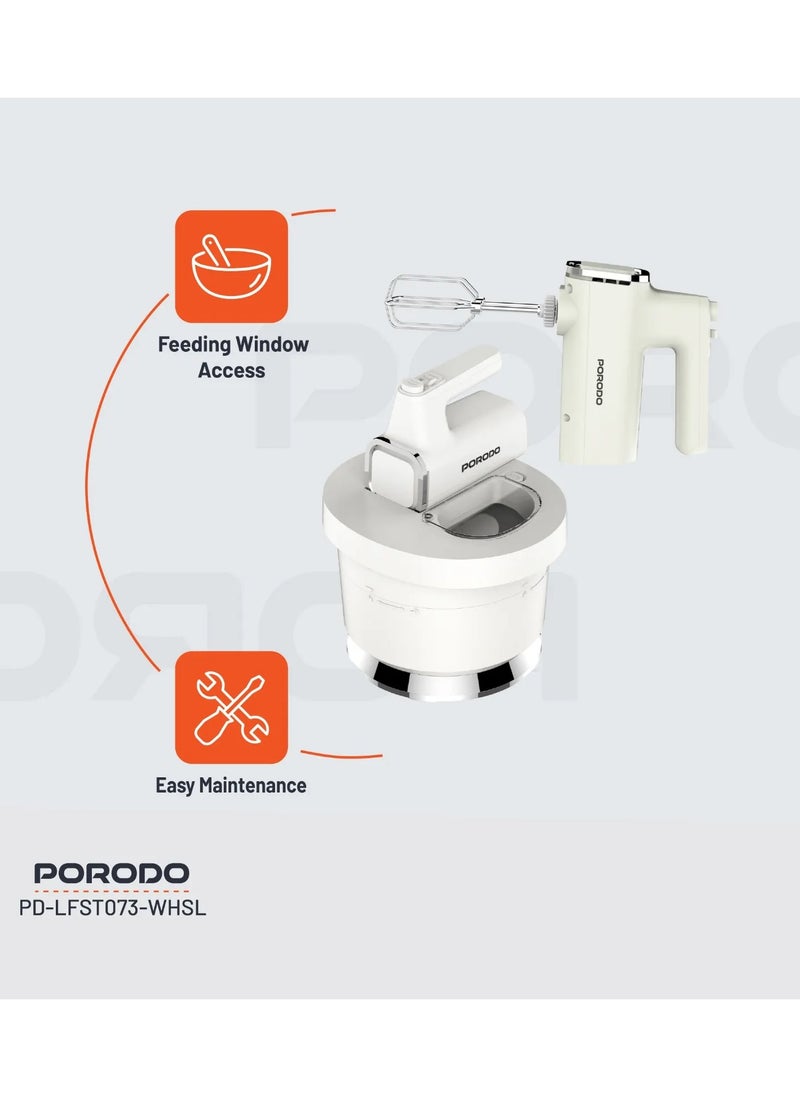 porodo - Spill-Proof Dual Mode Mixer with 6 Speed Settings / Makes Meringue / Folds Batter / Kneads Dough / Quick and Simple Cleaning / Handheld and Stand Mixer - White/Silver - Image 1