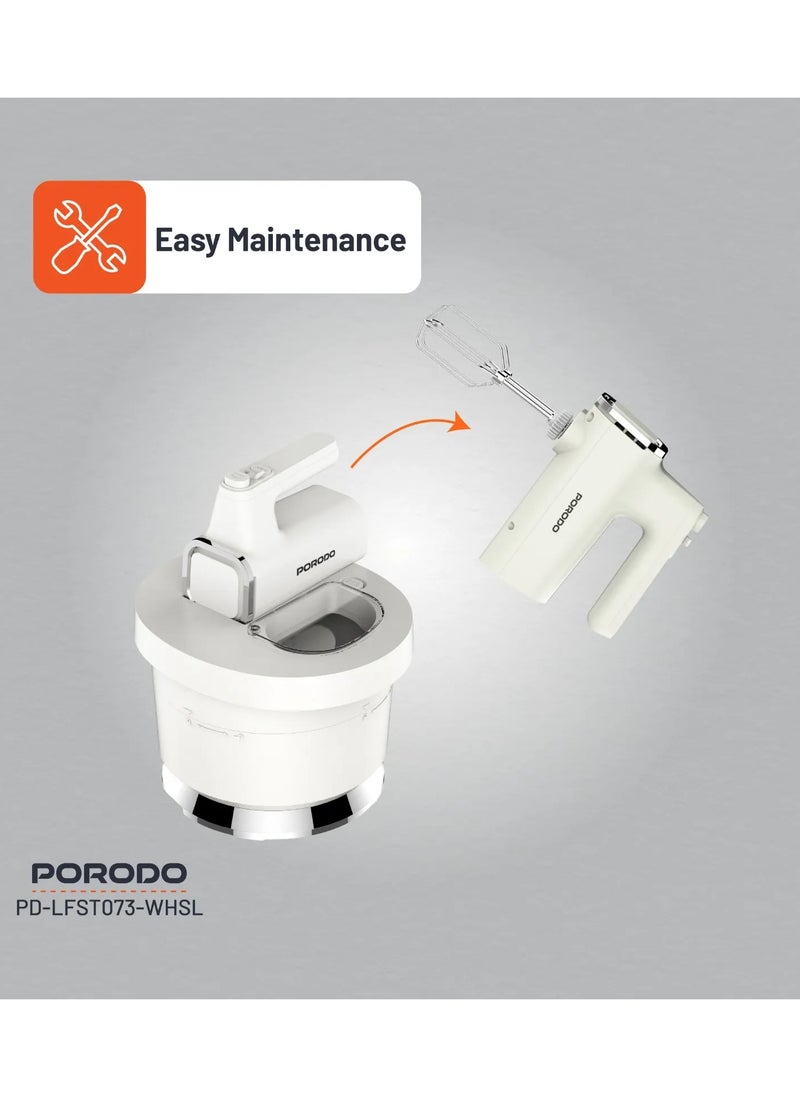 porodo - Spill-Proof Dual Mode Mixer with 6 Speed Settings / Makes Meringue / Folds Batter / Kneads Dough / Quick and Simple Cleaning / Handheld and Stand Mixer - White/Silver - Image 1