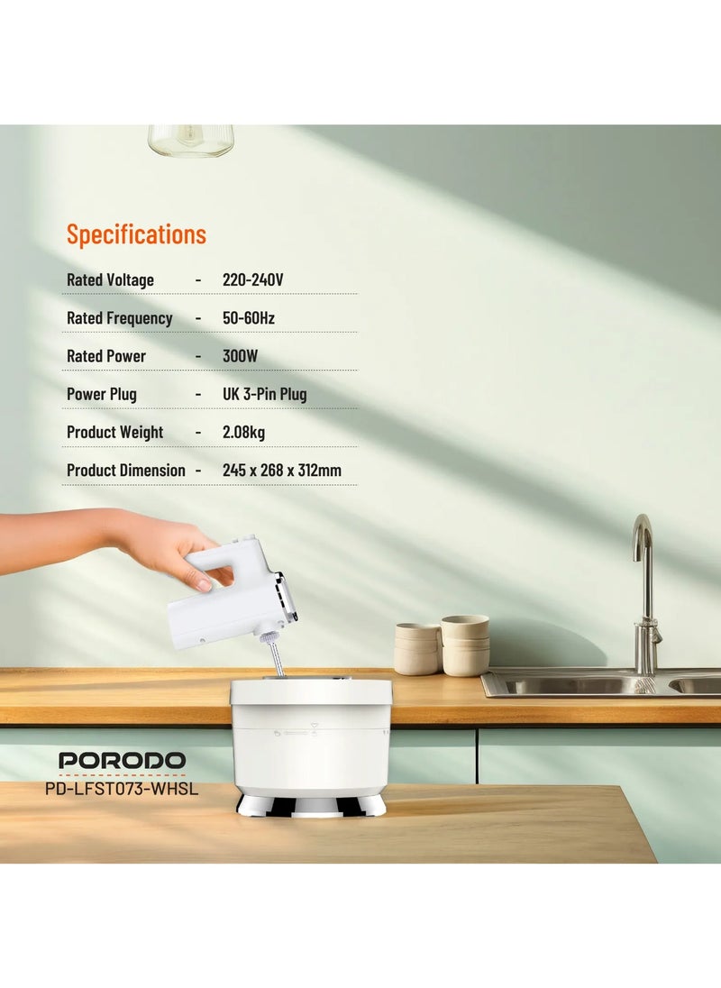 porodo - Spill-Proof Dual Mode Mixer with 6 Speed Settings / Makes Meringue / Folds Batter / Kneads Dough / Quick and Simple Cleaning / Handheld and Stand Mixer - White/Silver - Image 1