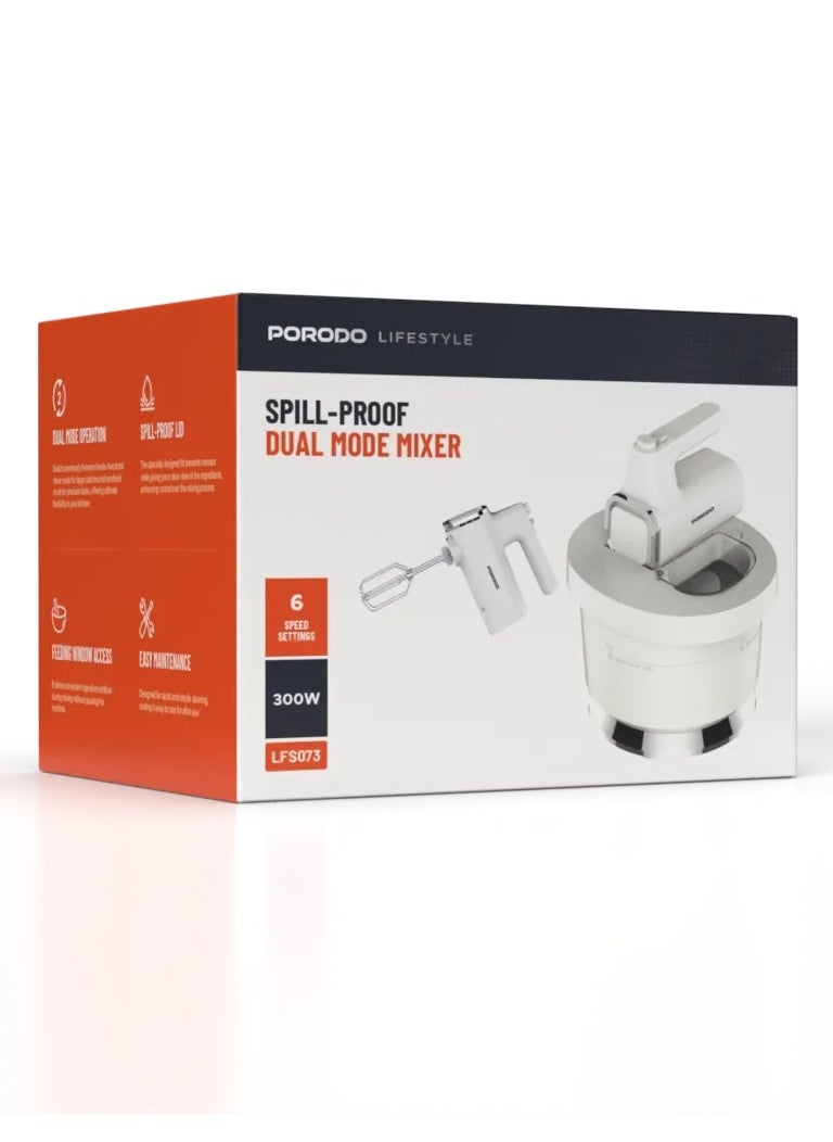 porodo - Spill-Proof Dual Mode Mixer with 6 Speed Settings / Makes Meringue / Folds Batter / Kneads Dough / Quick and Simple Cleaning / Handheld and Stand Mixer - White/Silver - Image 1