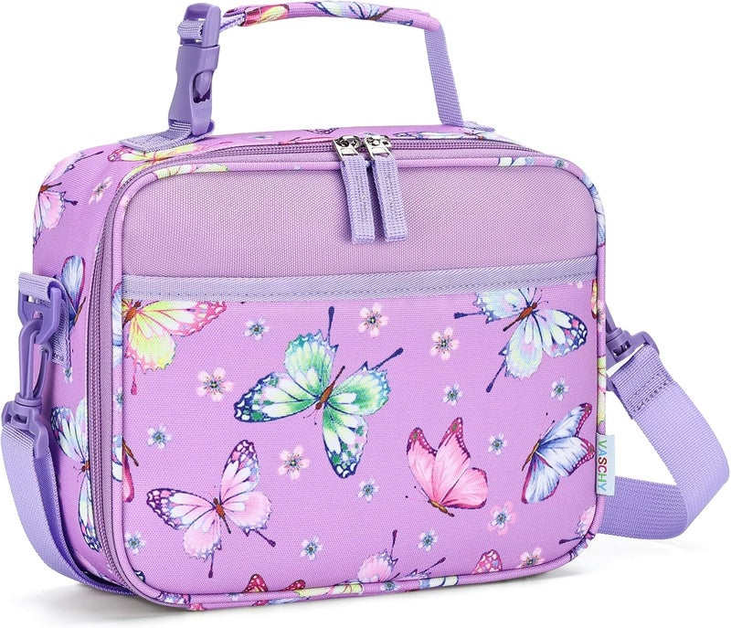 Vaschy Lunch Box Bag for Kids, Reusable Insulated Lunch Box Containers Coolers for Toddler Boys and Girls with Detachable Shoulder Strap for Daycare School Lilac Butterfly - Image 1