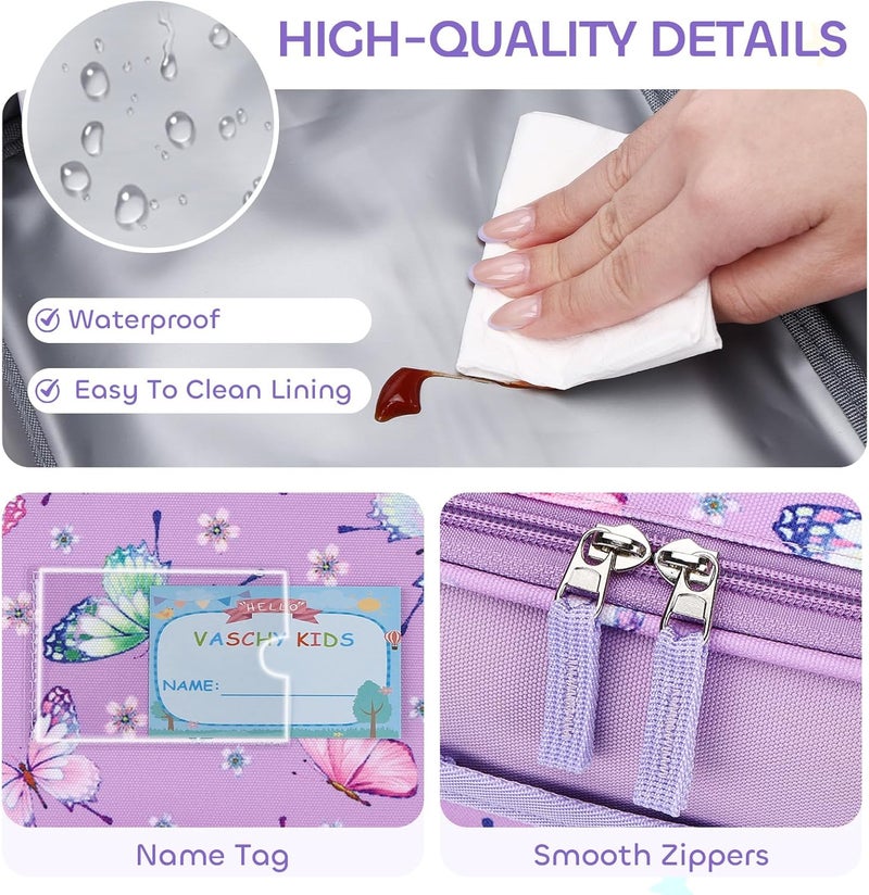 Vaschy Lunch Box Bag for Kids, Reusable Insulated Lunch Box Containers Coolers for Toddler Boys and Girls with Detachable Shoulder Strap for Daycare School Lilac Butterfly - Image 5