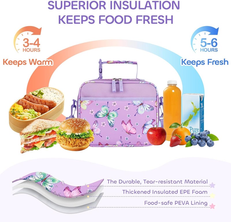 Vaschy Lunch Box Bag for Kids, Reusable Insulated Lunch Box Containers Coolers for Toddler Boys and Girls with Detachable Shoulder Strap for Daycare School Lilac Butterfly - Image 3