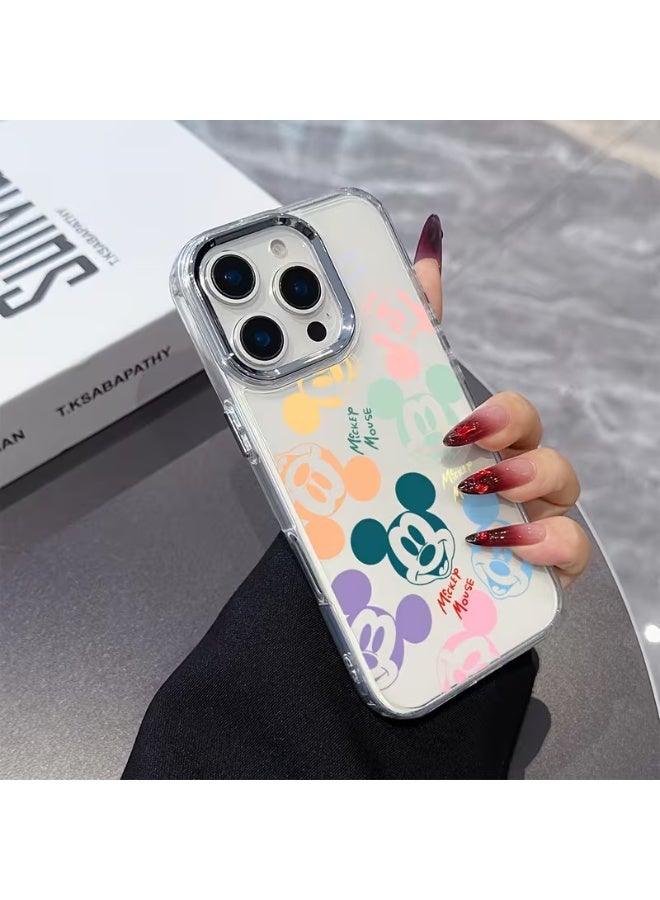Temu A colorful graffiti-style phone case featuring a Mickey Mouse cartoon design, compatible with iPhone models, with a soft, transparent back and a silver metal lens frame. Compatible with iPhone 13 Pro. - Image 2