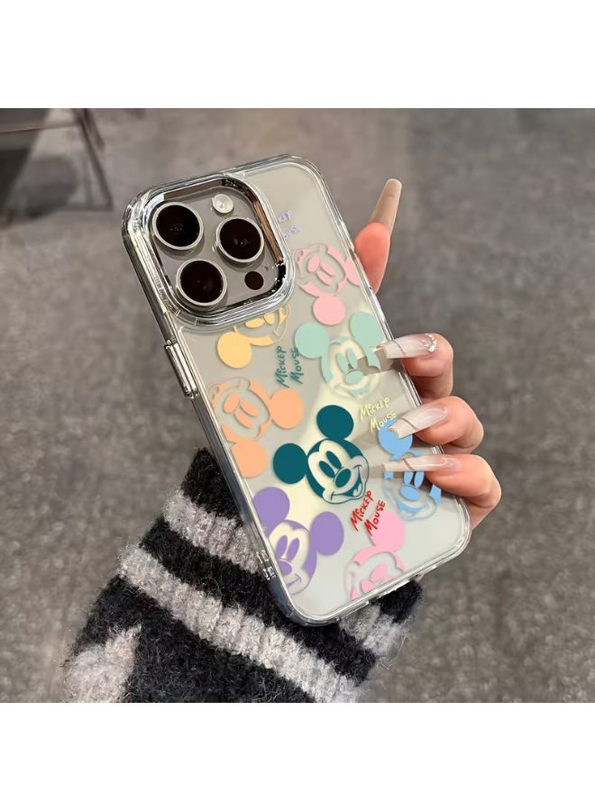 Temu A colorful graffiti-style phone case featuring a Mickey Mouse cartoon design, compatible with iPhone models, with a soft, transparent back and a silver metal lens frame. Compatible with iPhone 13 Pro. - Image 1