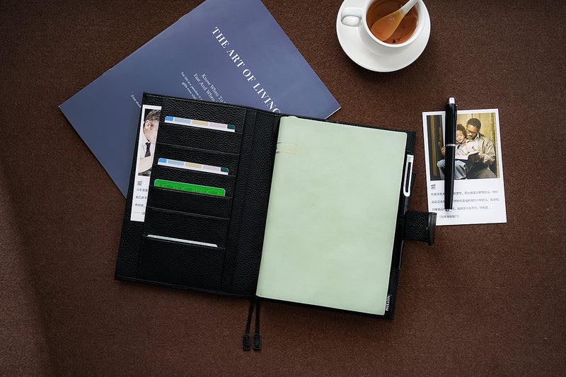 Moterm Leather Cover for A5 Notebooks - Fits Hobonichi Cousin, Stalogy and Midori MD Planners, with Pen Loop, Card Slots and Back Pocket (Pebbled-Black) - Image 3