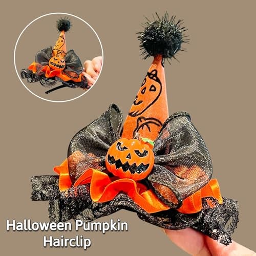 TLISMI Halloween Pumpkin Hairclip for Girls & Women | Cute Witch Hat Hair Accessory with Pumpkin Design, Black Lace & Bow | Cosplay, Trick or Treat Costume Headwear for Halloween Party & Theme Events - Image 2