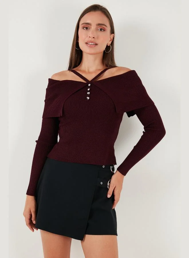 Lela Lela Premium Fitted Fit Carmen Collar Rope Strap Detailed Knitwear Sweater Women's SWEATER 680KZ00076