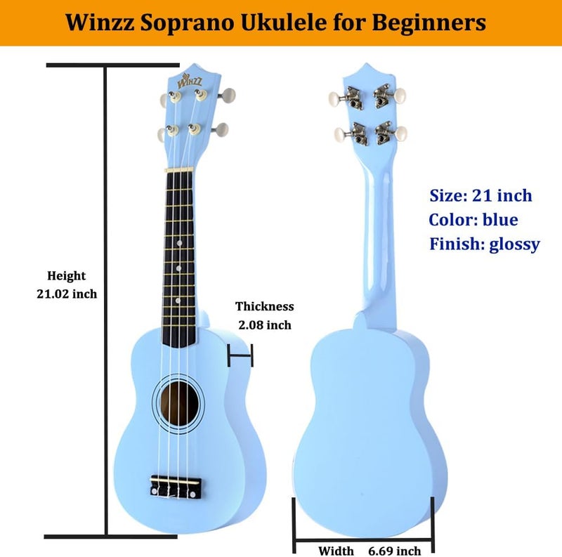 وينز مجموعة Blue Ukulele Soprano للمبتدئين مع حقيبة، موالف قابل للتثبيت، أوتار إضافية، حزام، معول، ملصقات الحنق، بطاقة الأوتار، قطعة تلميع - Image 2