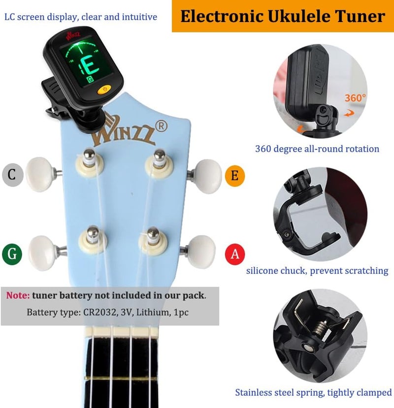 وينز مجموعة Blue Ukulele Soprano للمبتدئين مع حقيبة، موالف قابل للتثبيت، أوتار إضافية، حزام، معول، ملصقات الحنق، بطاقة الأوتار، قطعة تلميع - Image 4