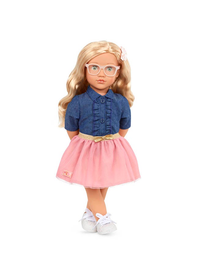 Our Generation 18-inch Doll – Blonde Hair & Green Eyes – Frilly Denim-Style Top & Pink Skirt Outfit 

 – Pretend Play – Toys For Kids Ages 3 & Up – Emily  - Image 2