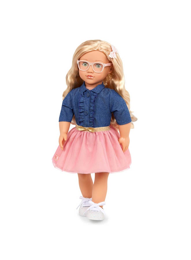 Our Generation 18-inch Doll – Blonde Hair & Green Eyes – Frilly Denim-Style Top & Pink Skirt Outfit 

 – Pretend Play – Toys For Kids Ages 3 & Up – Emily  - Image 3