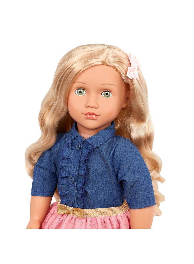 Our Generation 18-inch Doll – Blonde Hair & Green Eyes – Frilly Denim-Style Top & Pink Skirt Outfit 

 – Pretend Play – Toys For Kids Ages 3 & Up – Emily  - Image 4