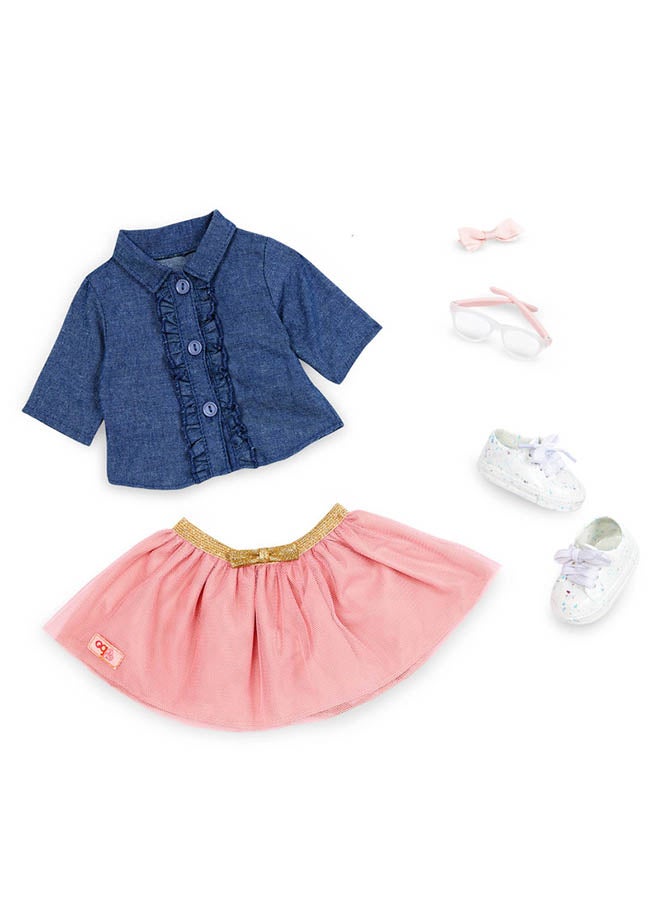 Our Generation 18-inch Doll – Blonde Hair & Green Eyes – Frilly Denim-Style Top & Pink Skirt Outfit 

 – Pretend Play – Toys For Kids Ages 3 & Up – Emily  - Image 1
